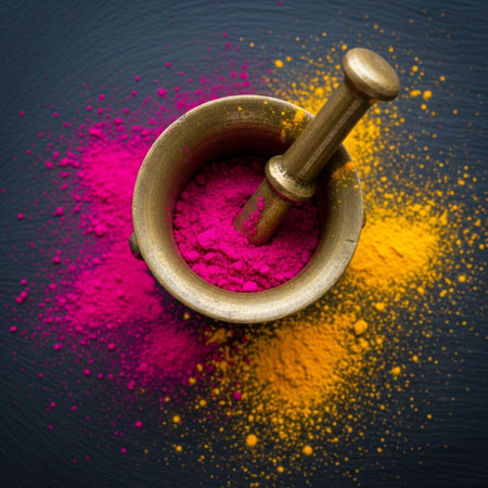 A cinematic, square close-up focusing on the preparation of Holi colors. A weathered, antique brassの素材