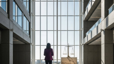 An environmental wide shot (16:9) of a professional woman standing in a vast, modern, sunlit atriumの素材