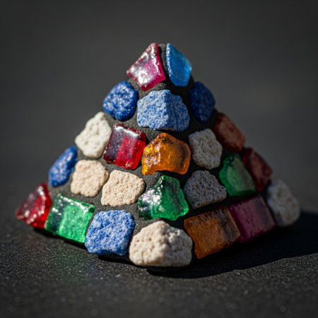 A hero detail shot featuring an extreme, square macro view of a small, colorful pile of loose mosaicの素材