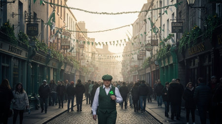 An ultrawide 16:9 cinematic environmental shot of a busy St. Patrick's Day celebration on a misty, hの素材