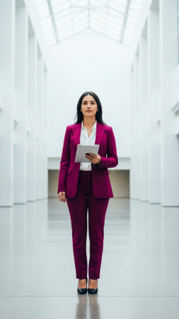 A striking full-body vertical composition (9:16) capturing a professional Hispanic woman in a magentの素材