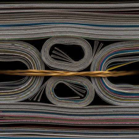 A hero detail close-up focused solely on the tight cinching point of a stack of rolled, highly colorの素材