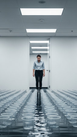 Full body vertical composition showing a person standing in an office hallway, paused mid-step, lookの素材