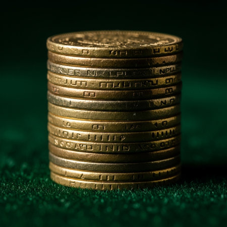 A powerful, centered macro shot emphasizing the texture and wealth of a tall, perfect stack of antiqの素材