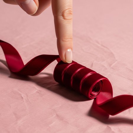 A hero detail shot focusing on the delicate act of curling a luxurious, deep crimson velvet ribbon aの素材