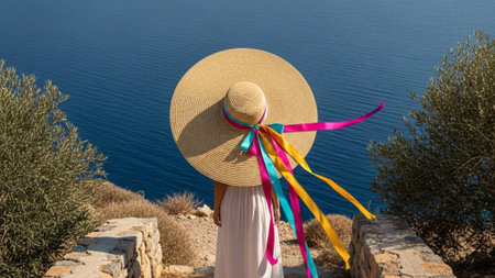 An ultrawide, cinematic 16:9 environmental shot capturing the essence of Mediterranean summer travelの素材