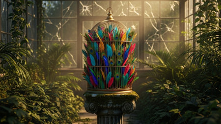 A cinematic environmental wide shot (16:9) capturing the juxtaposition of a small, intensely colorfuの素材