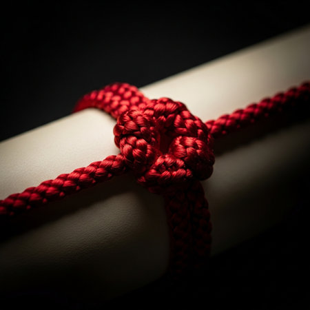 A highly detailed, macro photograph focusing entirely on the complex knot of a thick, braided crimsoの素材