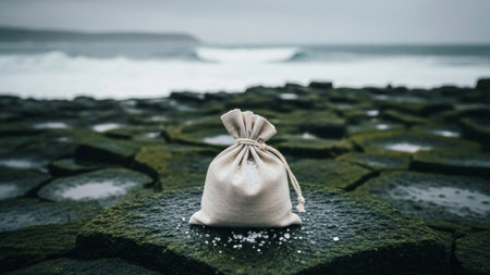 A cinematic wide shot (16:9) of a small, rustic linen bag of coarse sea salt placed on a large, wetの素材