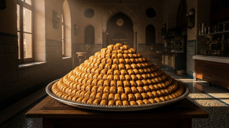 An ultrawide 16:9 cinematic environmental shot capturing a large, glistening tray of traditional Bakの素材