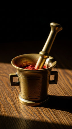 A dramatic, tall vertical composition featuring a sharp, detailed image of an antique brass mortar aの素材