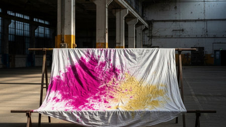 An ultrawide, cinematic environmental shot showcasing a large white cotton cloth stained intensely wの素材