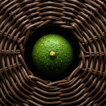 A focused, symmetrical square close-up emphasizing the texture contrast between a single, dewy limeの素材