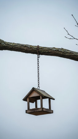 A vertical, tall 9:16 editorial image capturing an empty, rustic wooden bird feeder suspended by a lの素材