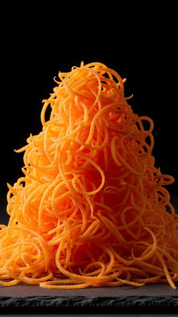 Vertical, editorial food photography capturing a majestic, tall pile of finely shredded raw carrots.の素材