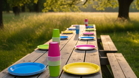 A cinematic, ultrawide 16:9 photograph capturing a picturesque outdoor setting. A long, rustic woodeの素材