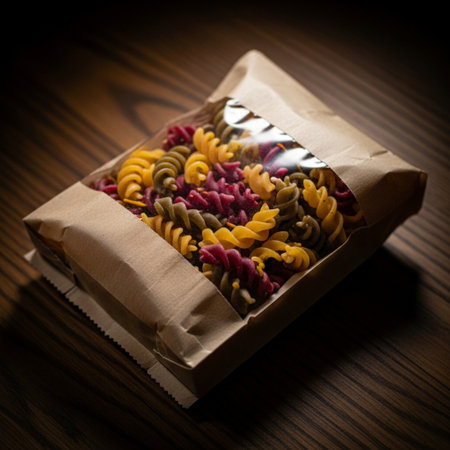 A tightly framed, centered, square close-up focusing intensely on the vibrant, dry specialty pasta vの素材
