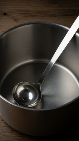 A vertical, full-body composition showcasing a large, empty stainless steel stockpot on a dark woodeの素材