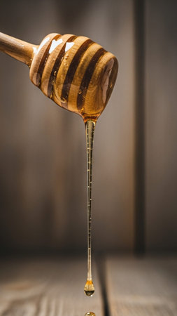 A high-angle, vertical 9:16 editorial shot focusing on the slow, deliberate action of honey drippingの素材