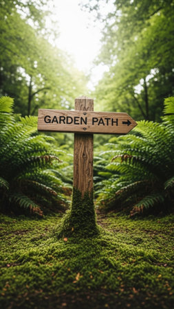 A vertical, full-body shot of a tall, rustic wooden signpost reading 'GARDEN PATH' centered in the fの素材