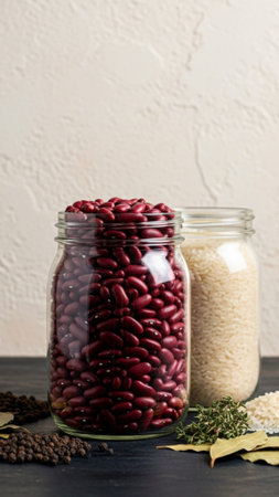 A vertical, tall 9:16 photographic still life emphasizing the height and texture of dry ingredientsの素材