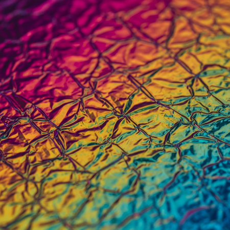 Hero detail shot of an uncut sheet of highly reflective, iridescent metallic foil intended for elaboの素材