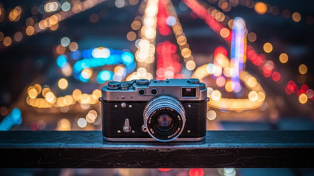 An ultrawide, cinematic still life composition captured at night from an elevated urban viewpoint. Aの素材