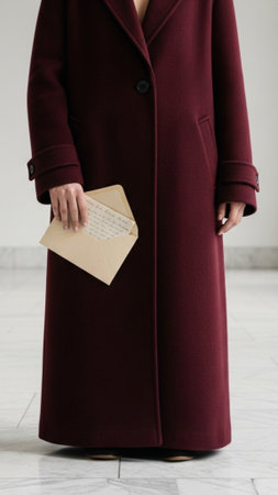 Full-body vertical stock photograph of a person in a burgundy coat, standing in a high-ceilinged, miの素材