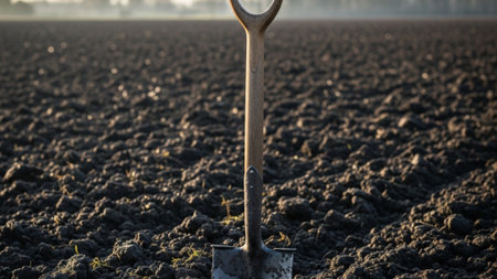 A cinematic environmental wide shot (16:9) showing a single spade stuck vertically in moist, dark eaの素材