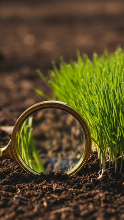 A striking vertical 9:16 composition featuring a brass-handled magnifying glass placed on dark, moisの素材