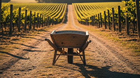 A cinematic ultrawide (16:9) photograph of a clean, empty wooden wheelbarrow resting perfectly centeの素材