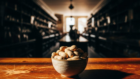A cinematic ultrawide (16:9) environmental shot of a small ceramic bowl of peanuts in the shell placの素材