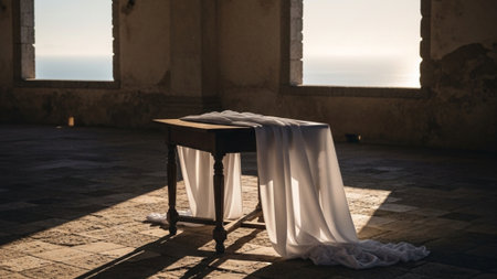 A cinematic environmental wide shot of a solitary antique table draped in immaculate white linen, seの素材