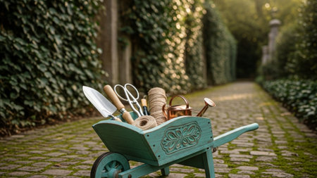 A cinematic, ultra-wide 16:9 environmental photograph showcasing a small, vintage wooden wheelbarrowの素材
