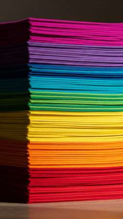 A vertical, tall 9:16 composition featuring a dramatically high, centered stack of colorful felt patの素材