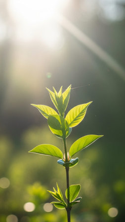 Abstract, vertical composition featuring a sharp cluster of newly unfurled emerald leaves backlit byの素材