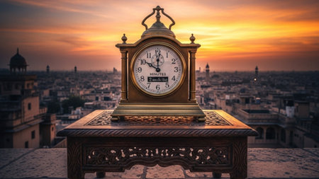 A cinematic wide environmental shot (16:9) capturing the solemn anticipation just before Iftar. An aの素材