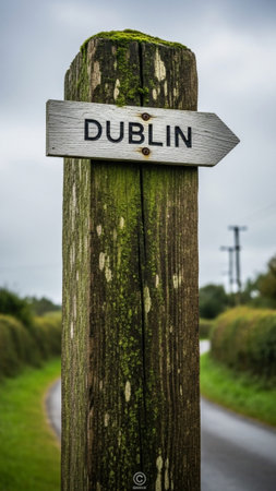 A vertical, tall 9:16 cinematic photograph of an extremely weathered, heavy timber signpost standingの素材