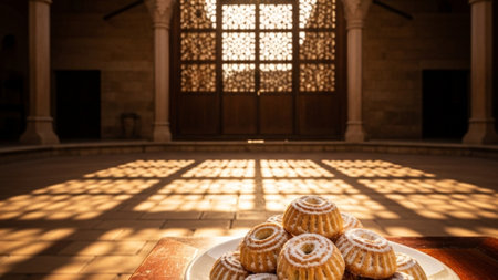 A cinematic wide environmental shot (16:9) featuring a plate of powdered sugar-dusted Ma'amoul cookiの素材