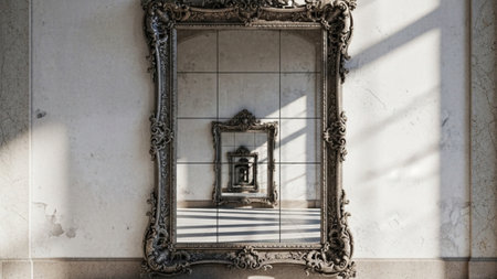 A cinematic environmental wide shot of a large antique mirror featuring an intricate, highly decoratの素材