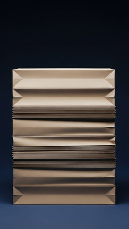 A high-angle, vertical 9:16 shot of a tall stack of empty, textured kraft paper shopping bags centerの素材