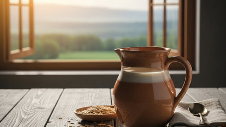 A cinematic wide environmental shot captured in a 16:9 panoramic format. A heavy, handmade ceramic pの素材