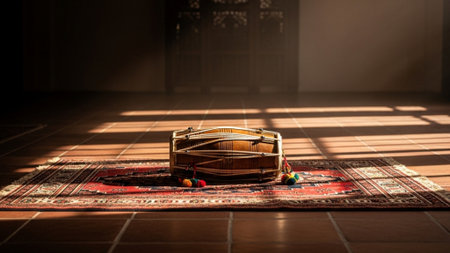 A cinematic wide environmental shot (16:9) of a small, decorative Dhol drum resting on an antique, iの素材