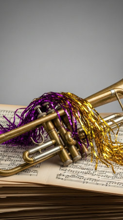 A tall, vertical 9:16 stock photo featuring a well-worn brass trumpet centered in the lower half ofの素材