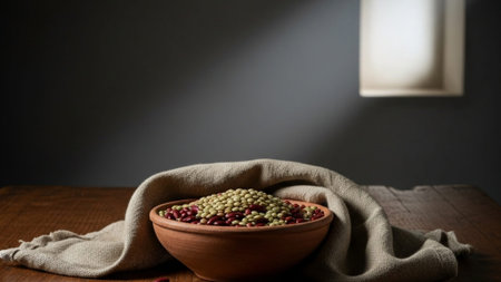 A cinematic 16:9 wide environment shot depicting a still life symbolizing Lenten discipline. An unglの素材