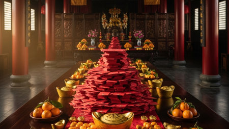A cinematic ultrawide 16:9 photograph capturing an elaborate still life arrangement of Hongbao envelの素材