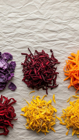 A tall, vertical 9:16 photograph showcasing the natural source materials for creating Holi pigments.の素材