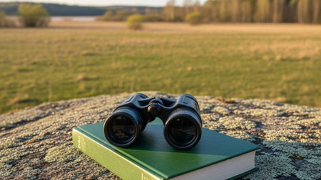 A cinematic wide environmental shot (16:9) showing bird watching gear (binoculars and field guide) rの素材