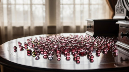 A cinematic wide shot (16:9) capturing a collection of pink and rose-colored glass beads scattered aの素材