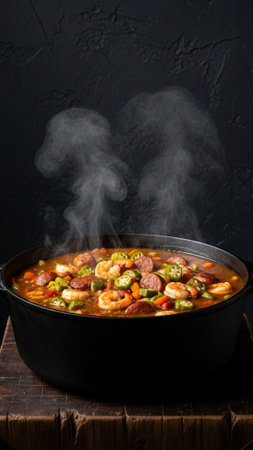 A vertical, tall 9:16 still life photograph focusing on a large cast iron pot of gumbo simmering vigの素材